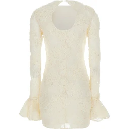White Mini Dress with Long Flared Sleeves and All-Over Floral Embroidery in Tech Fabric for Women
