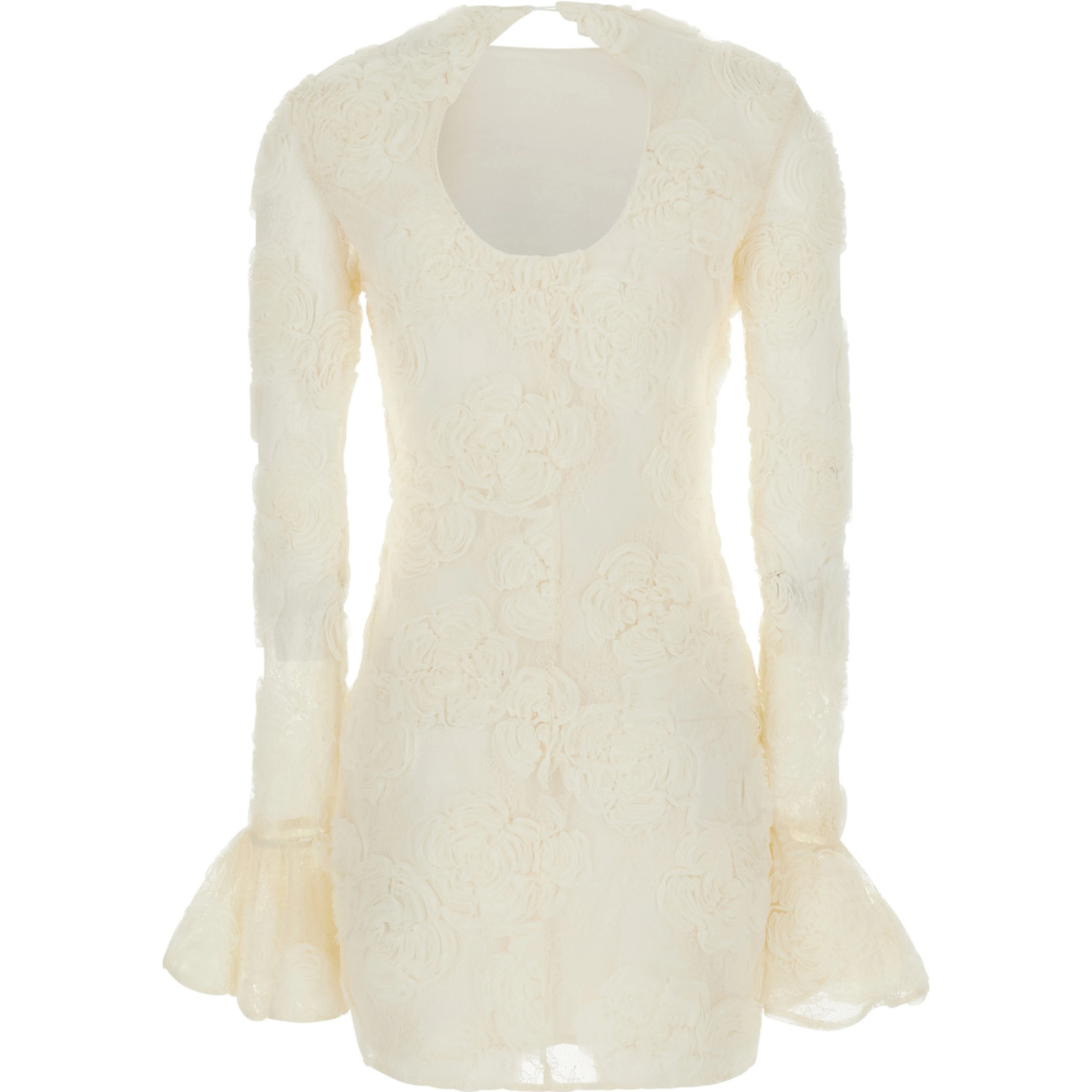 White Mini Dress with Long Flared Sleeves and All-Over Floral Embroidery in Tech Fabric for Women