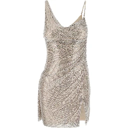 Metallic Mini dress sleeveless draped with rhinestones and single slit on the front in Tech Fabric for Women