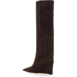 Blake Brown Knee-High Boots with High Wedge Heel in Leather for Women