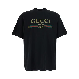 LOGO FAKE Black T-Shirt with Logo Print on the Front in Cotton for Men