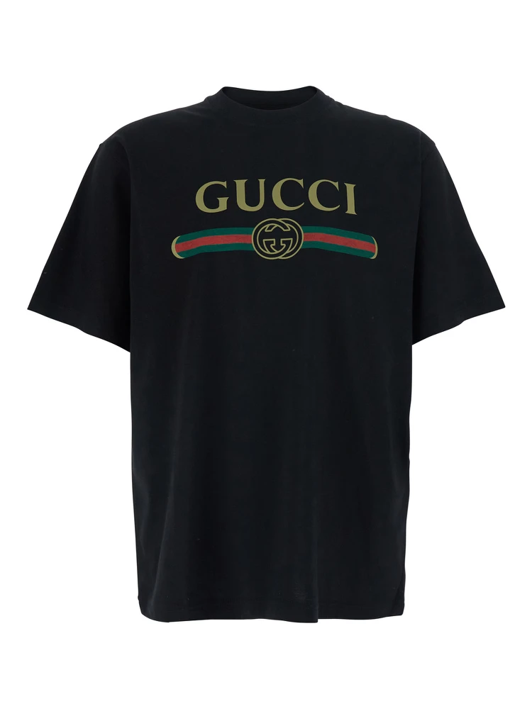 LOGO FAKE Black T-Shirt with Logo Print on the Front in Cotton for Men