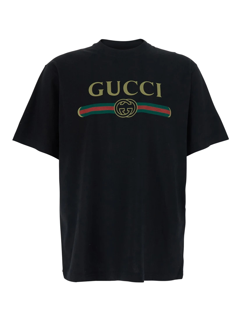 LOGO FAKE Black T-Shirt with Logo Print on the Front in Cotton for Men