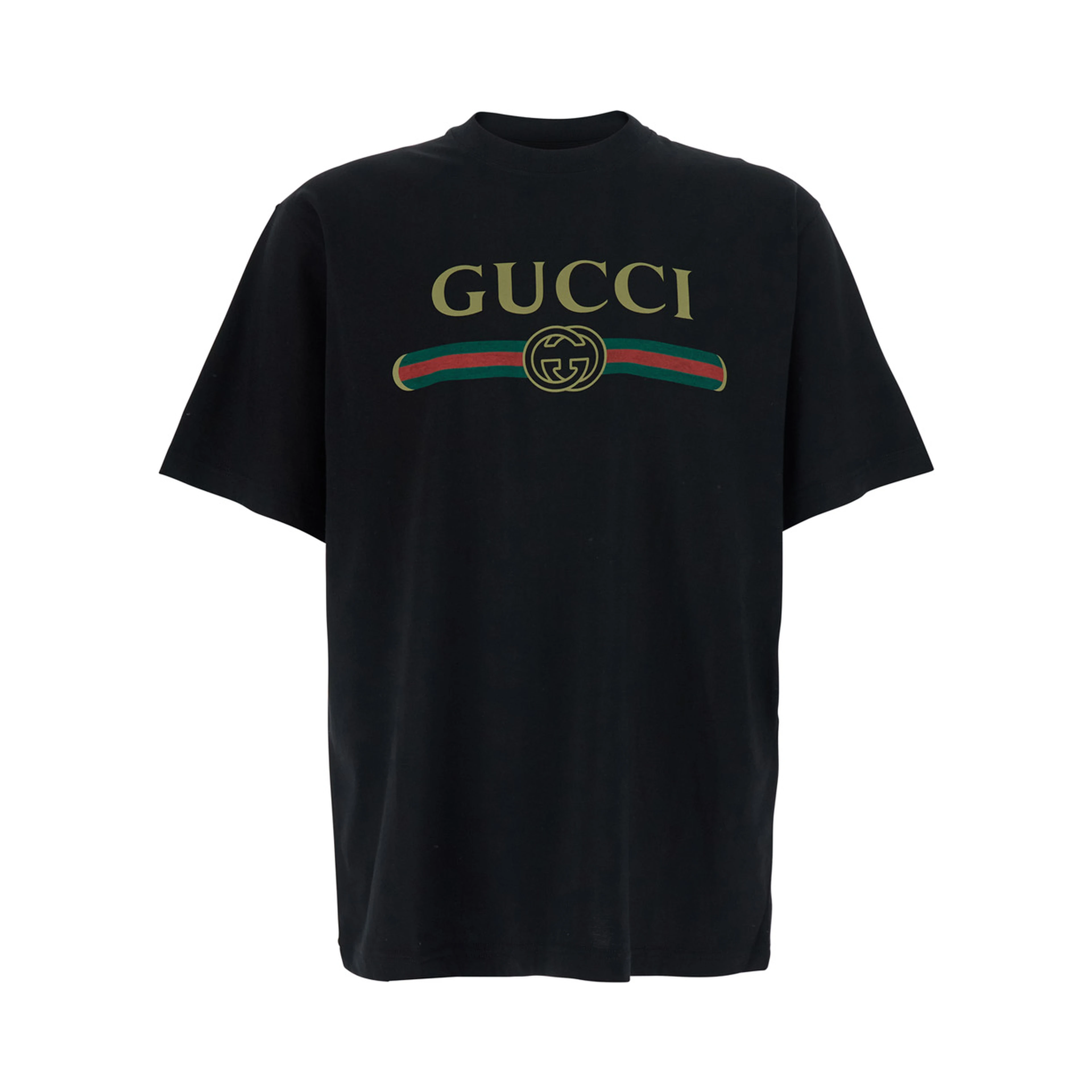 LOGO FAKE Black T-Shirt with Logo Print on the Front in Cotton for Men