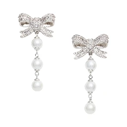 Silver-Colored Bow and Pearl Drop Earrings in Metal for Women