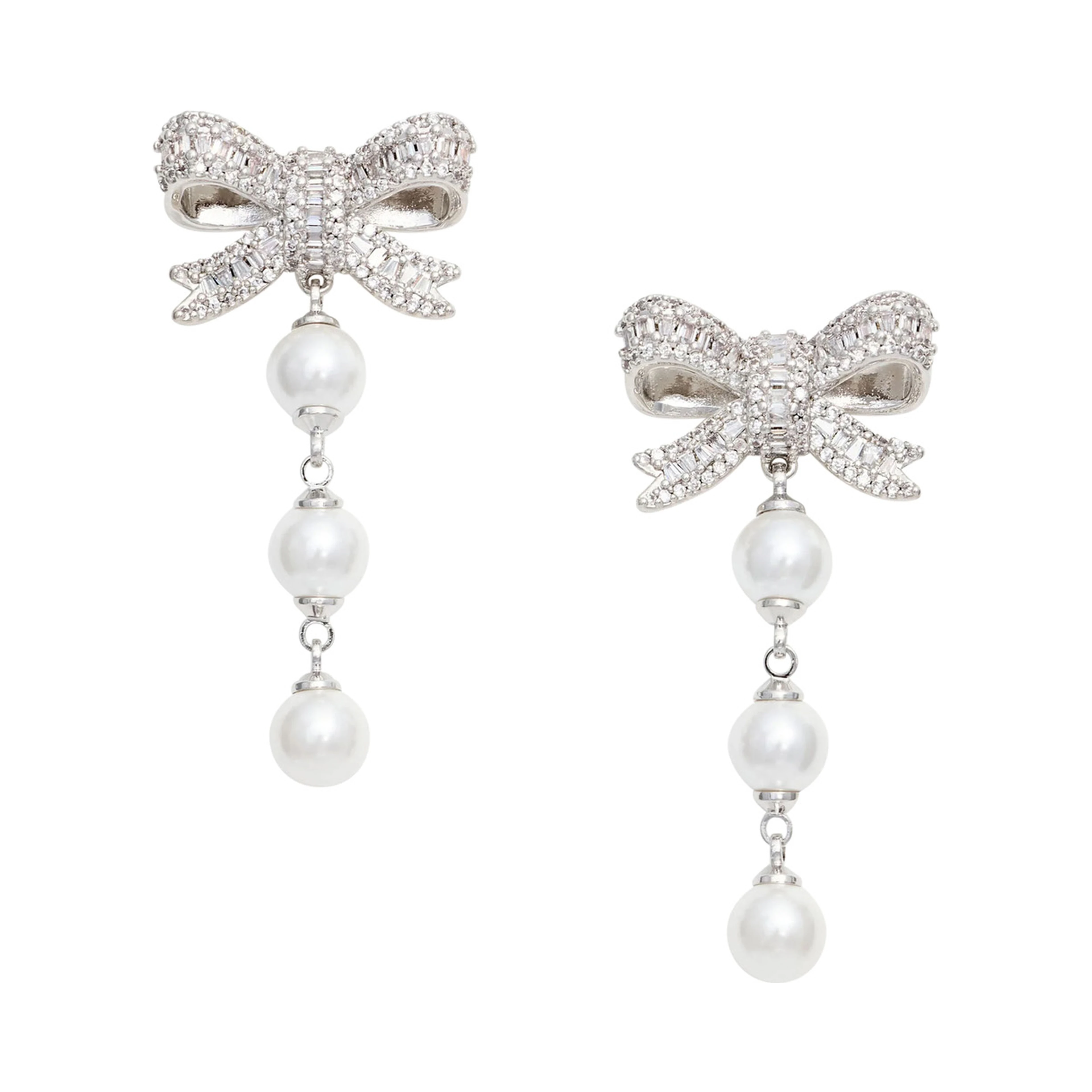 Silver-Colored Bow and Pearl Drop Earrings in Metal for Women