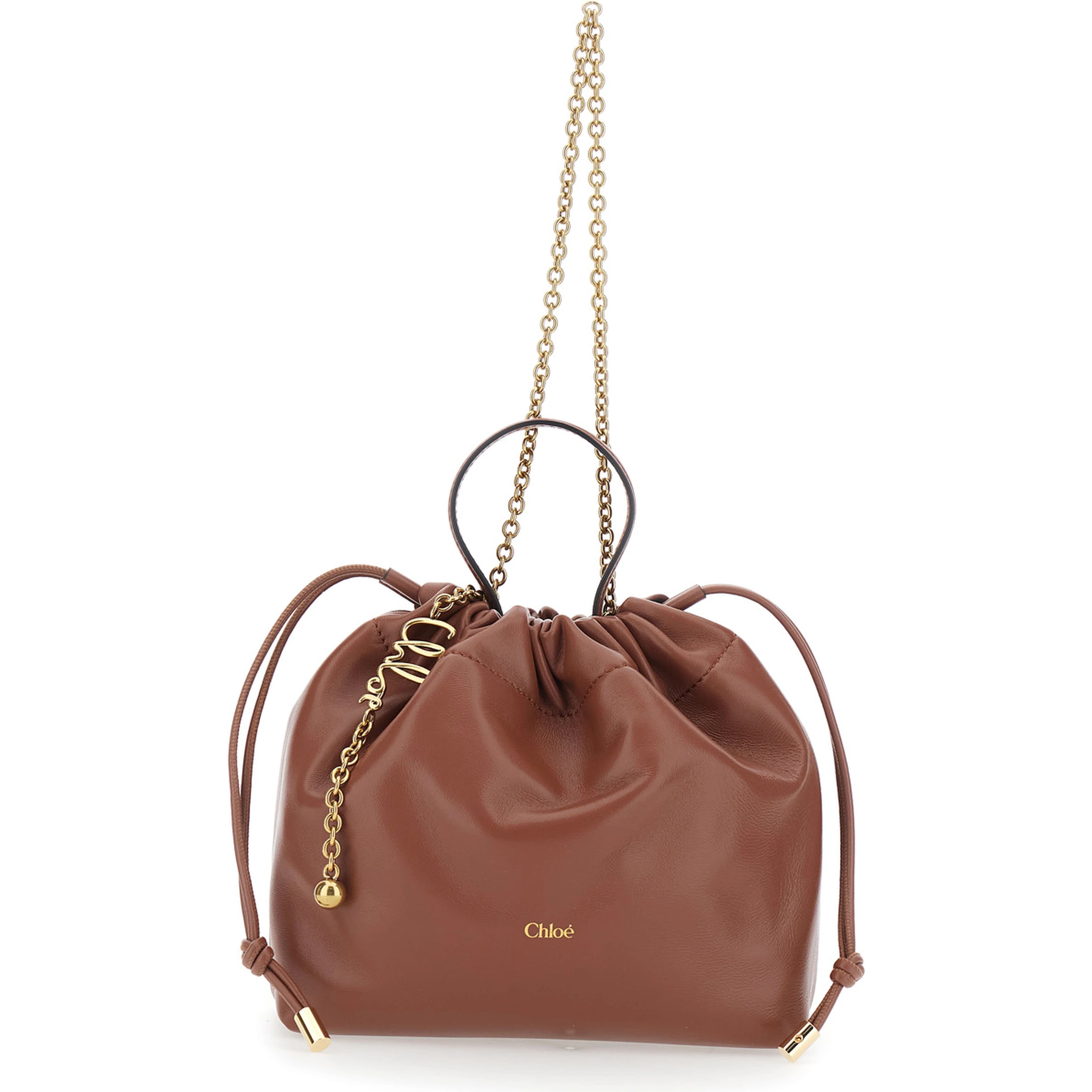 Icons Brown Shoulder bag with Drawstring Closure and Leather Chain Strap in Leather for Women