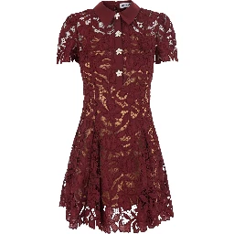 burgundy Mini dress with lace details and flower-shaped buttons in fabric for women