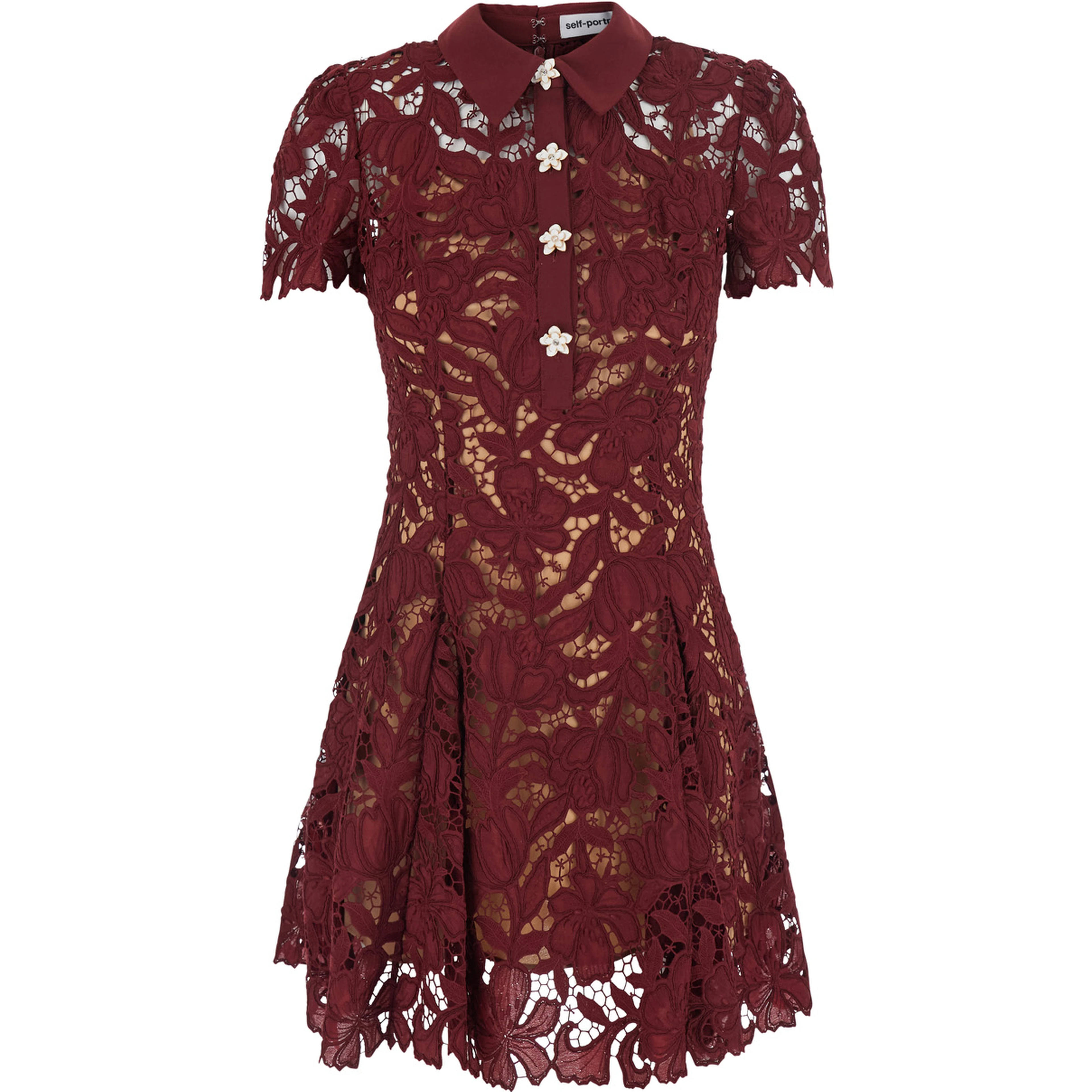 burgundy Mini dress with lace details and flower-shaped buttons in fabric for women