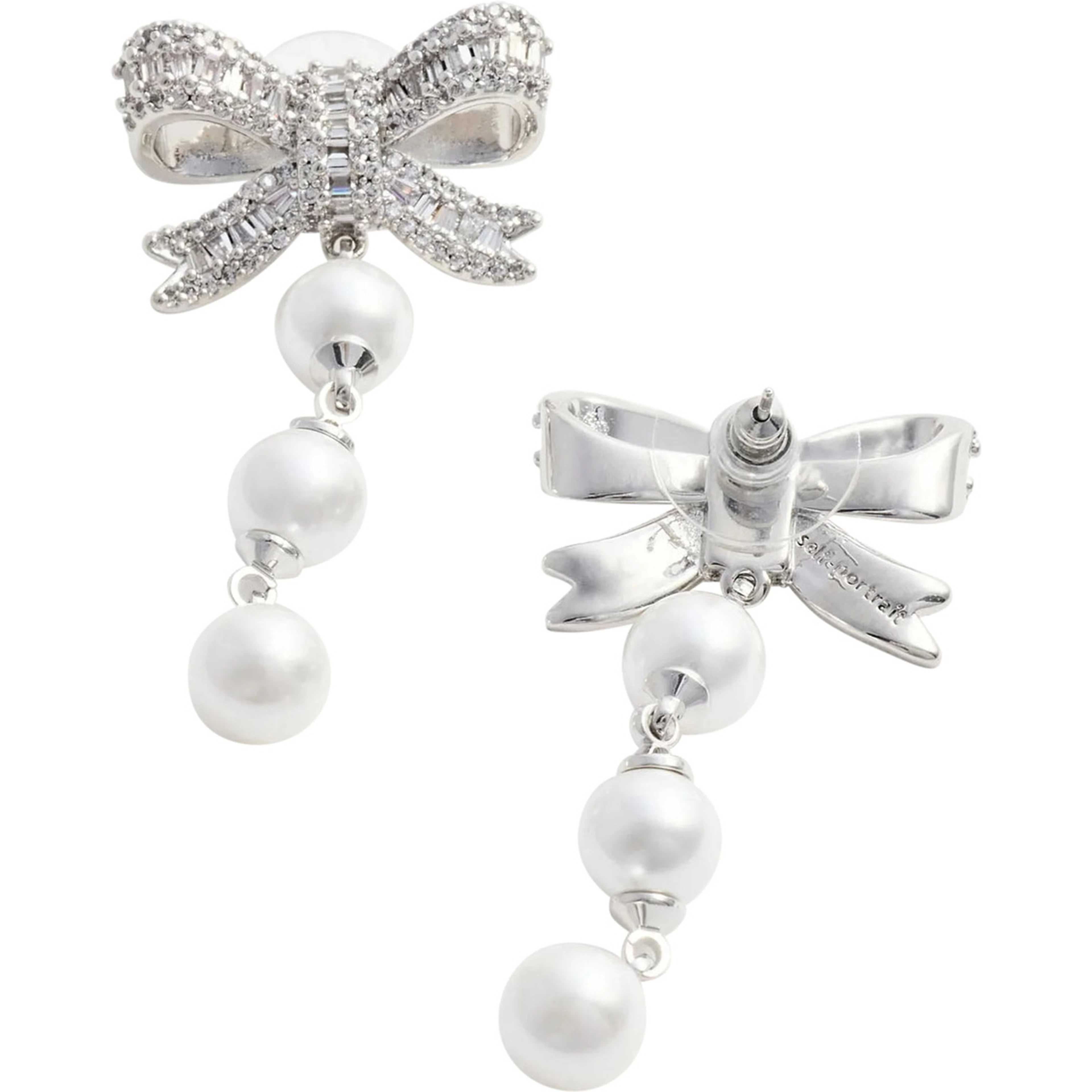 Silver-Colored Bow and Pearl Drop Earrings in Metal for Women