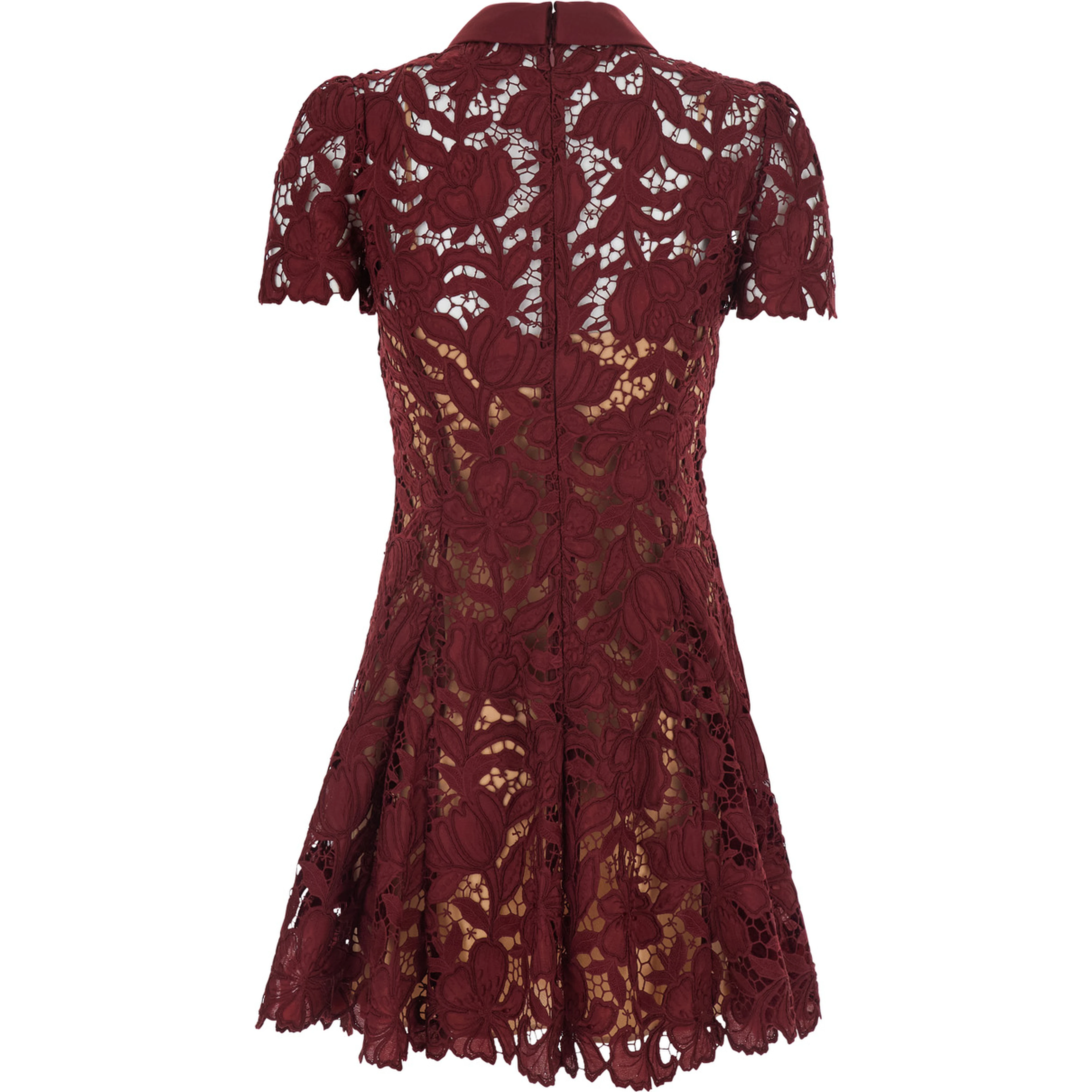 burgundy Mini dress with lace details and flower-shaped buttons in fabric for women