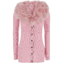 Pink Cardigan with V Neck and Removable Fur Collar in Wool for Women