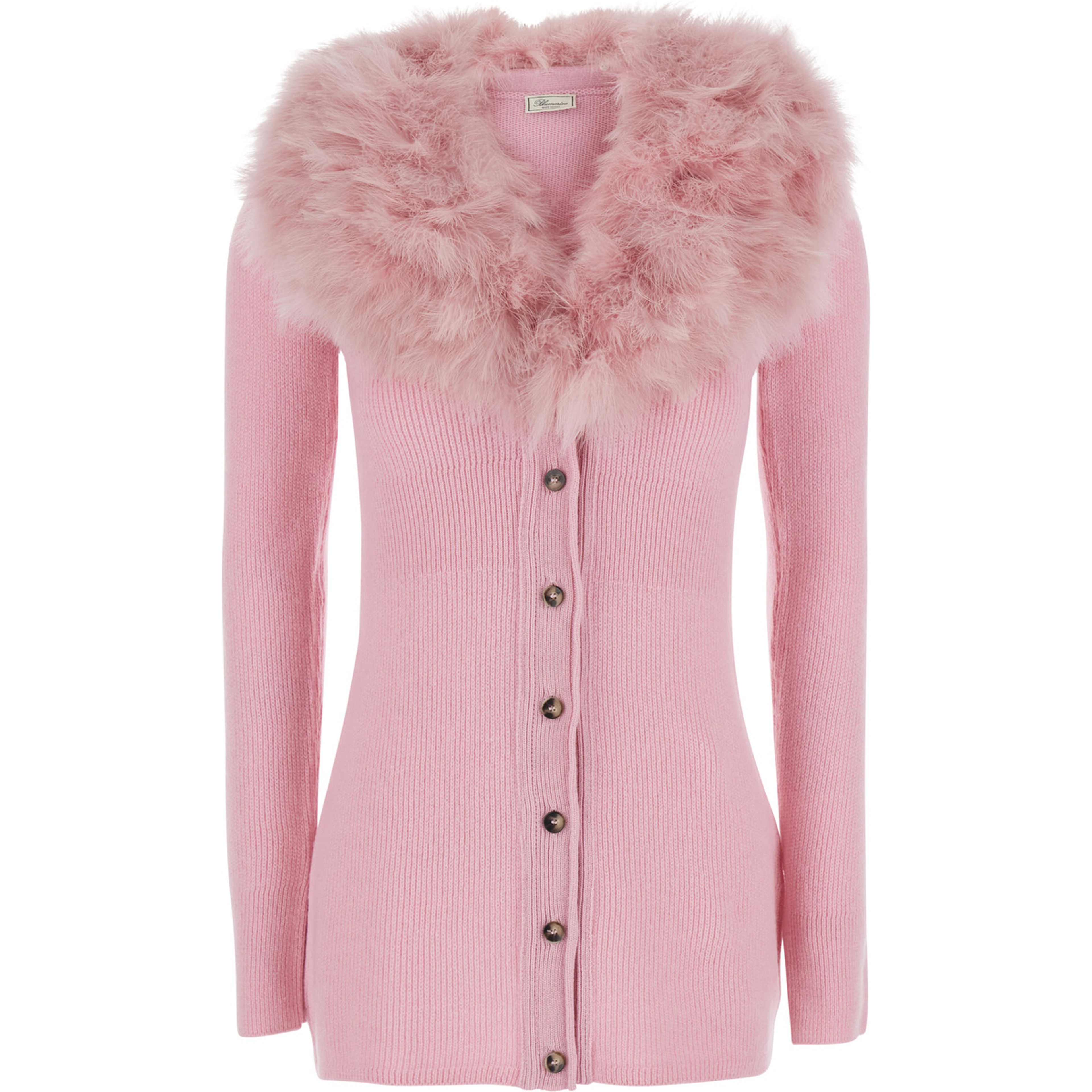 Pink Cardigan with V Neck and Removable Fur Collar in Wool for Women