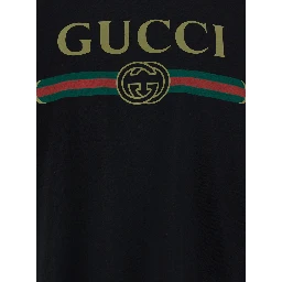 LOGO FAKE Black T-Shirt with Logo Print on the Front in Cotton for Men