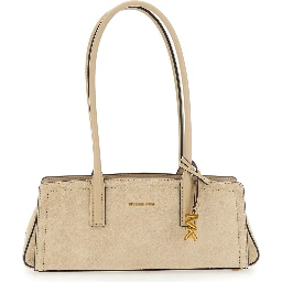 Laila Beige Shoulder Bag with Logo Plate on Front in Suede for Women