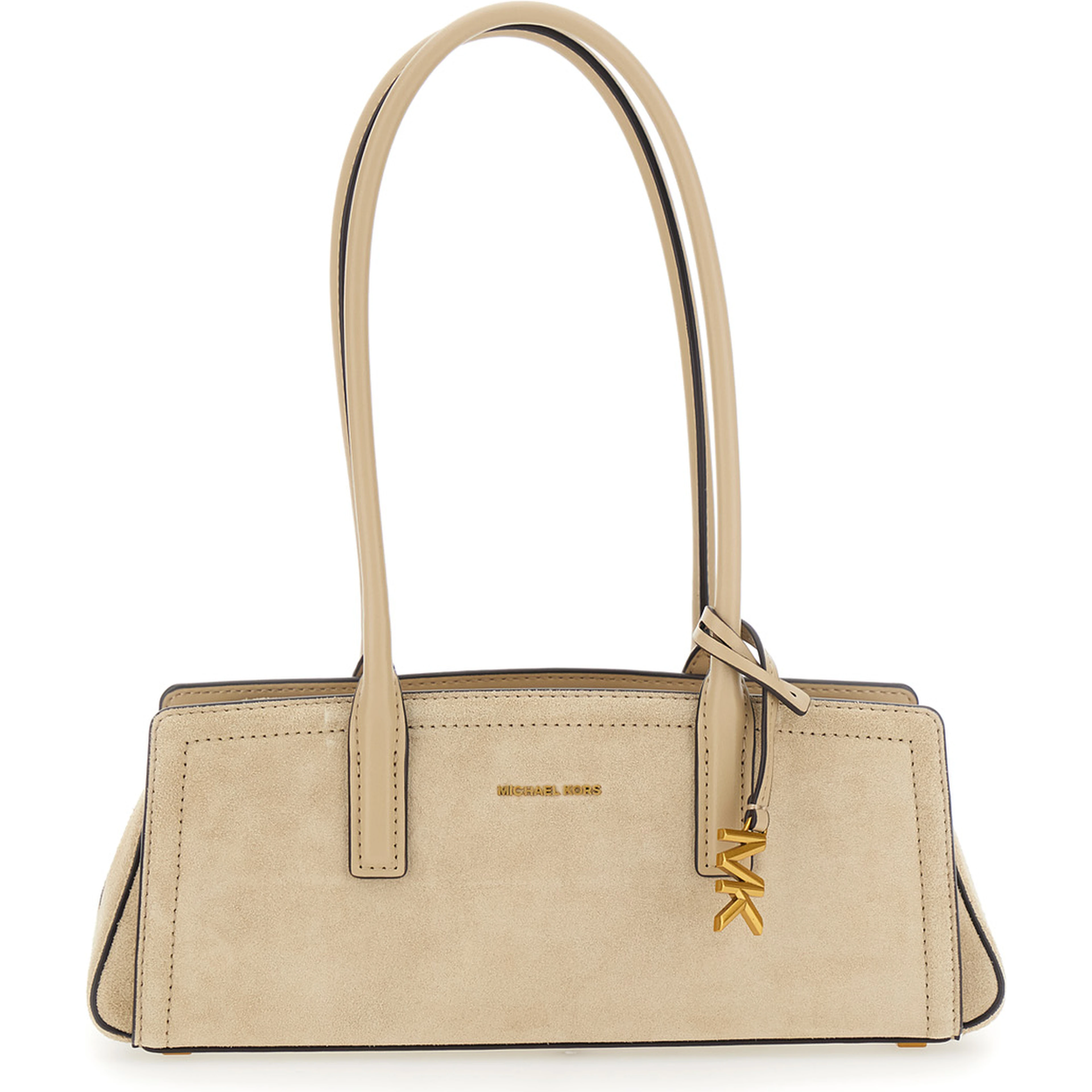 Laila Beige Shoulder Bag with Logo Plate on Front in Suede for Women