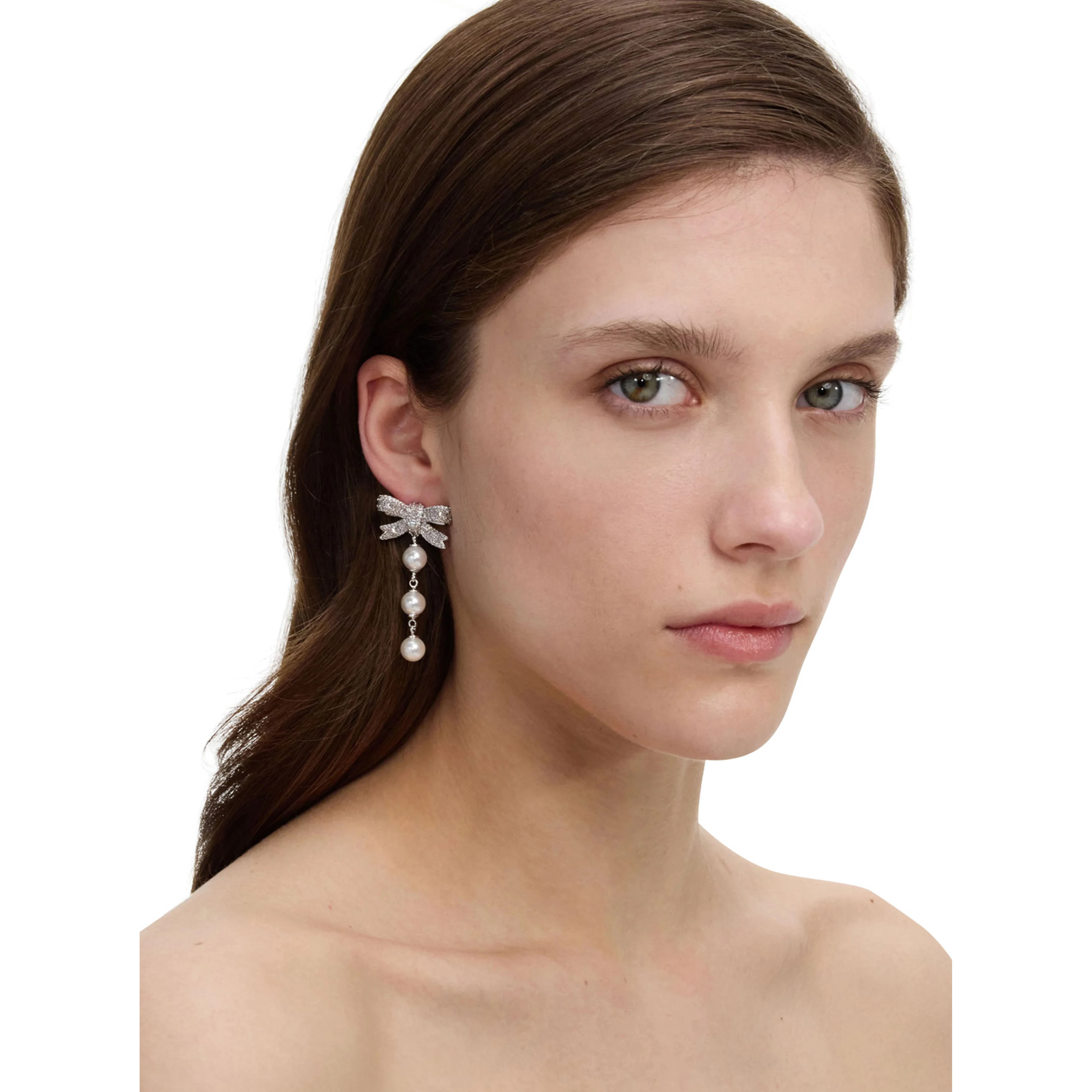 Silver-Colored Bow and Pearl Drop Earrings in Metal for Women