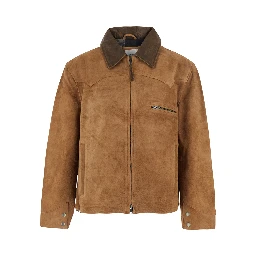 Brown Jacket with classic collar and one zip pocket on the front in suede for men