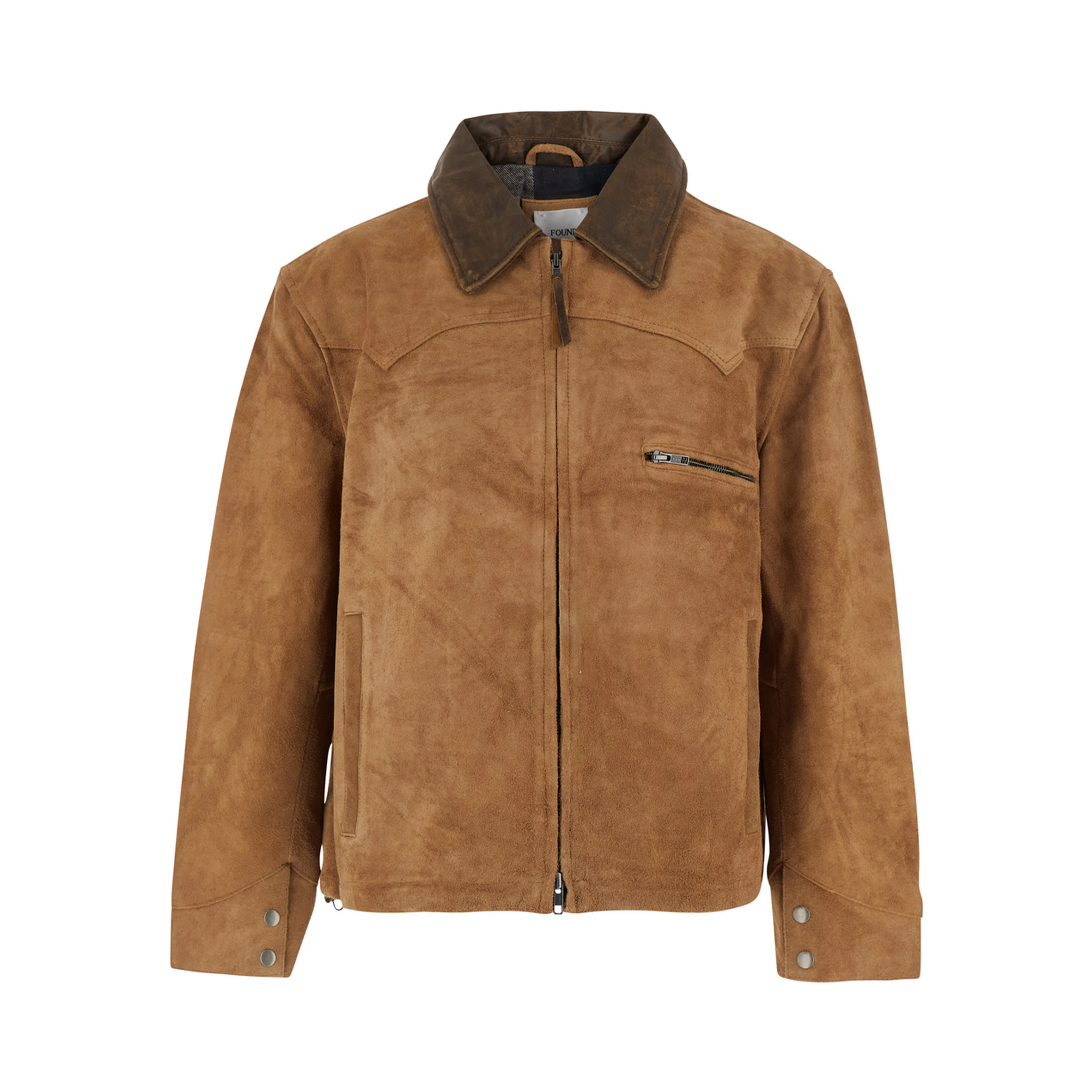 Brown Jacket with classic collar and one zip pocket on the front in suede for men