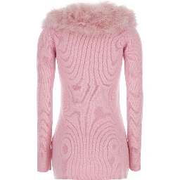 Pink Cardigan with V Neck and Removable Fur Collar in Wool for Women