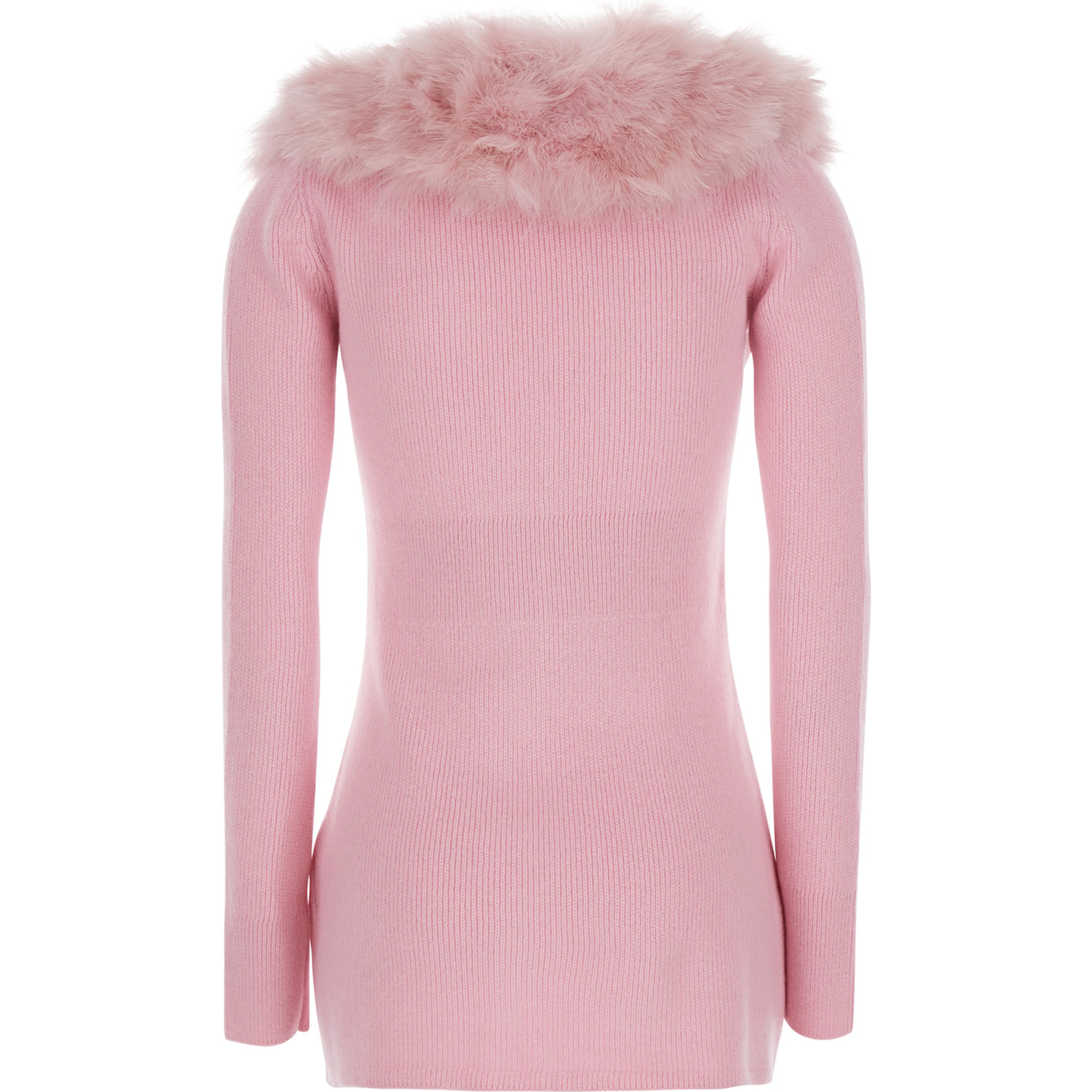 Pink Cardigan with V Neck and Removable Fur Collar in Wool for Women