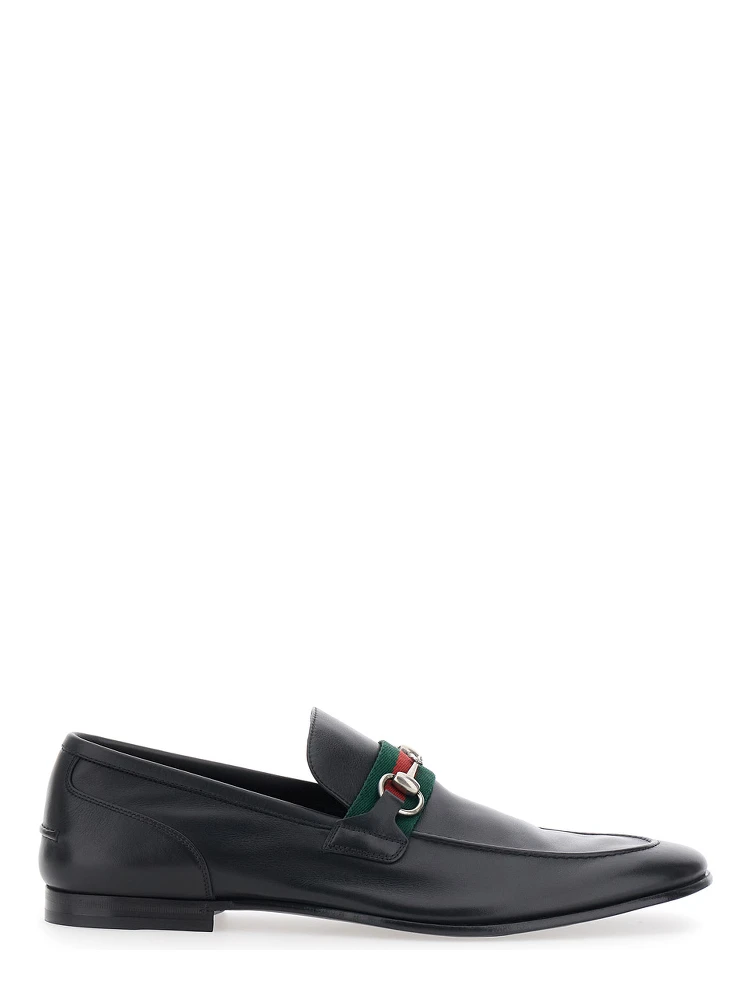 Como Black Loafers with Web Stripe and Horsebit in Leather for Men