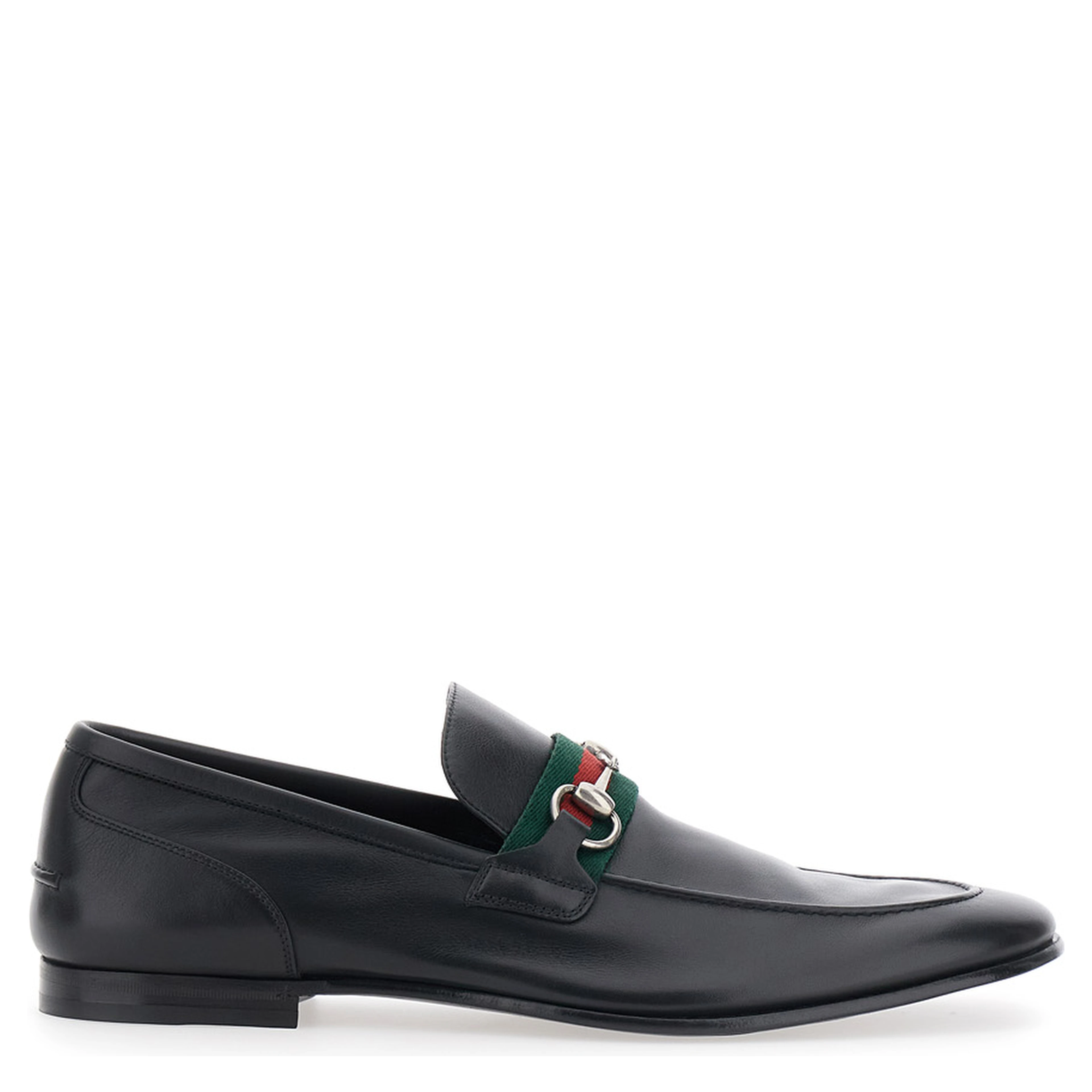 Como Black Loafers with Web Stripe and Horsebit in Leather for Men
