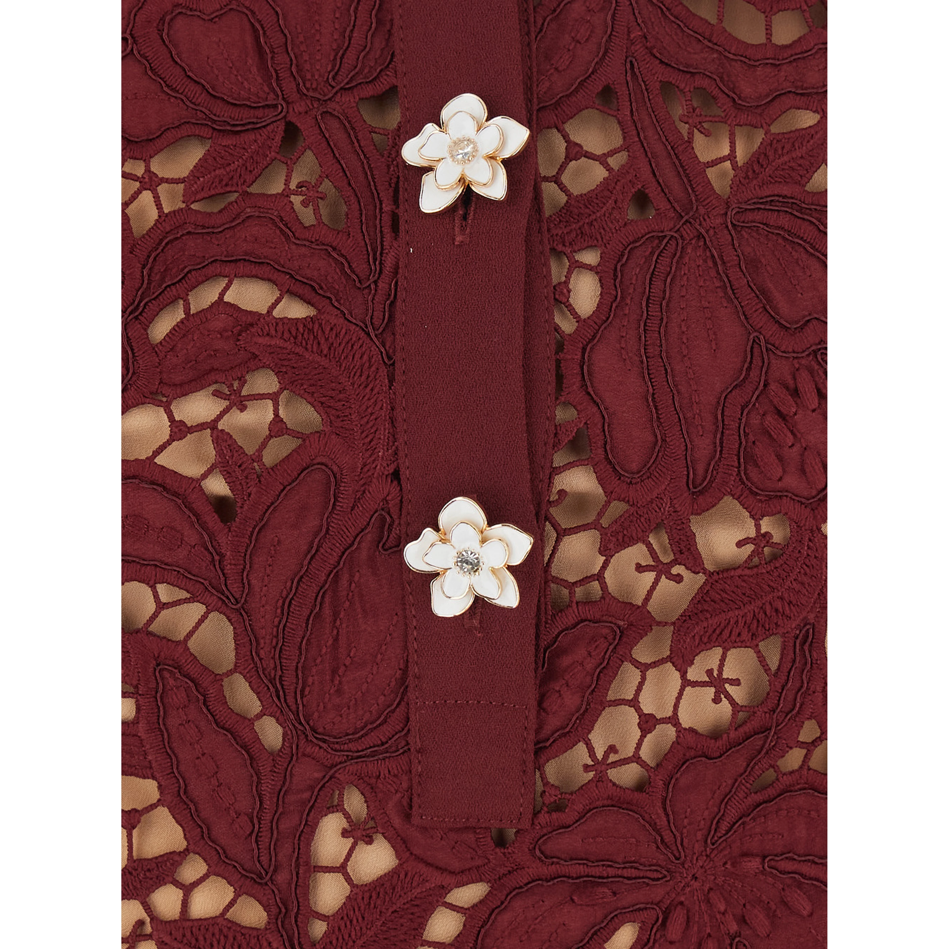 burgundy Mini dress with lace details and flower-shaped buttons in fabric for women