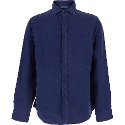 Blue Shirt with classic collar and Pony embroidery on the front in linen for men