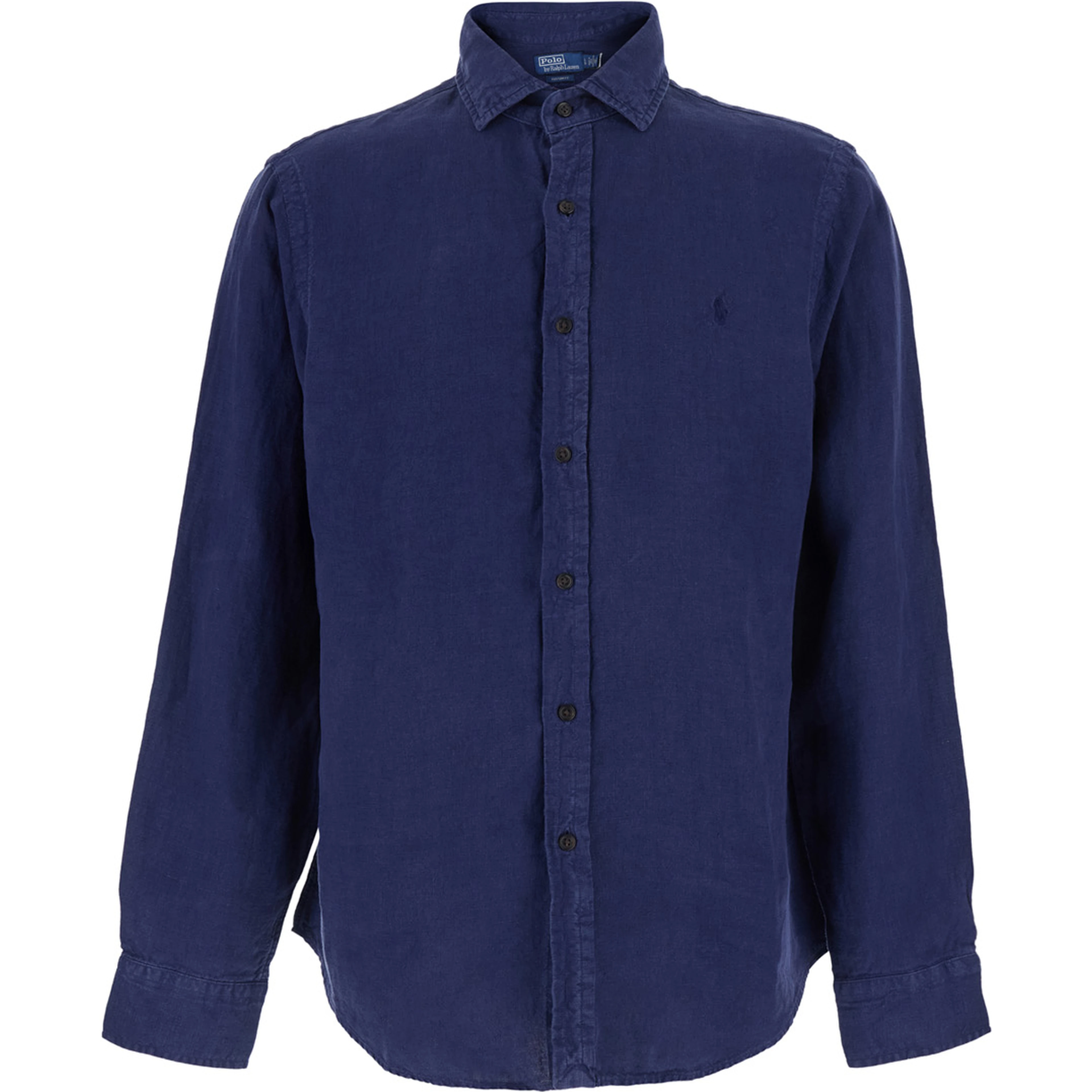 Blue Shirt with classic collar and Pony embroidery on the front in linen for men