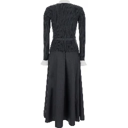 Grey Long dress with V-neck and ribbed design in Tech Fabric and cotton woman