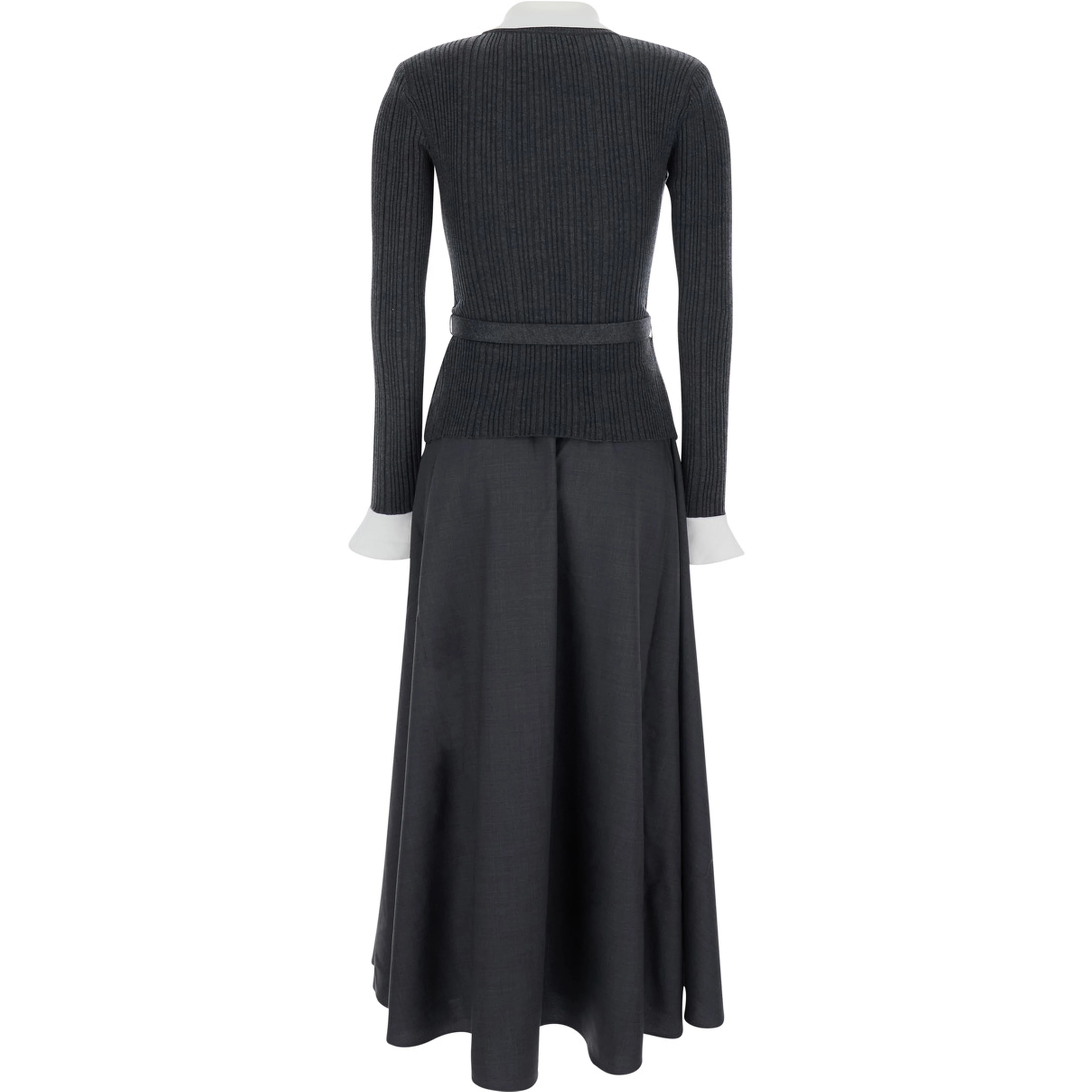 Grey Long dress with V-neck and ribbed design in Tech Fabric and cotton woman