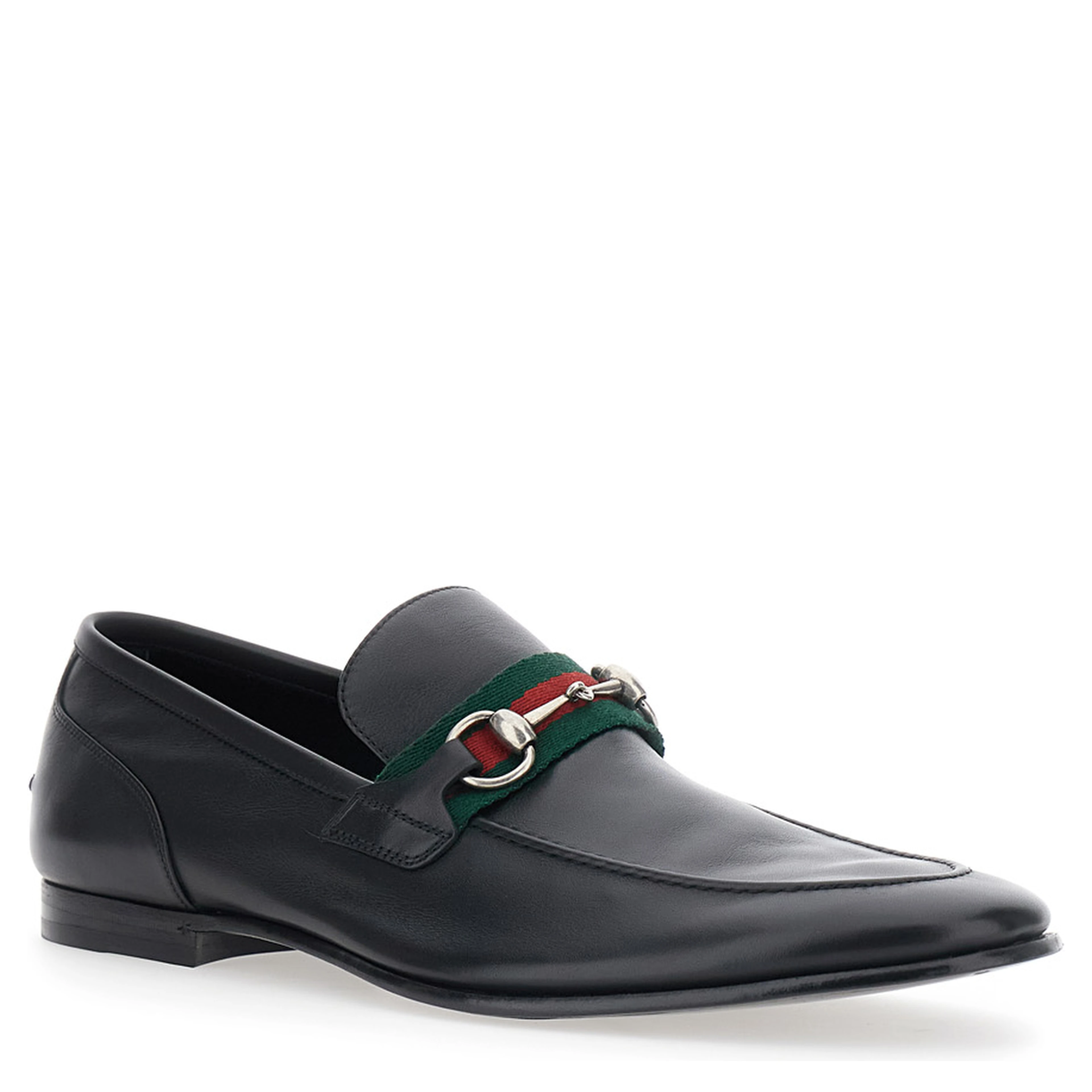 Como Black Loafers with Web Stripe and Horsebit in Leather for Men
