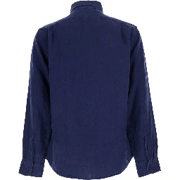 Blue Shirt with classic collar and Pony embroidery on the front in linen for men