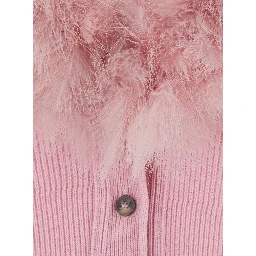 Pink Cardigan with V Neck and Removable Fur Collar in Wool for Women