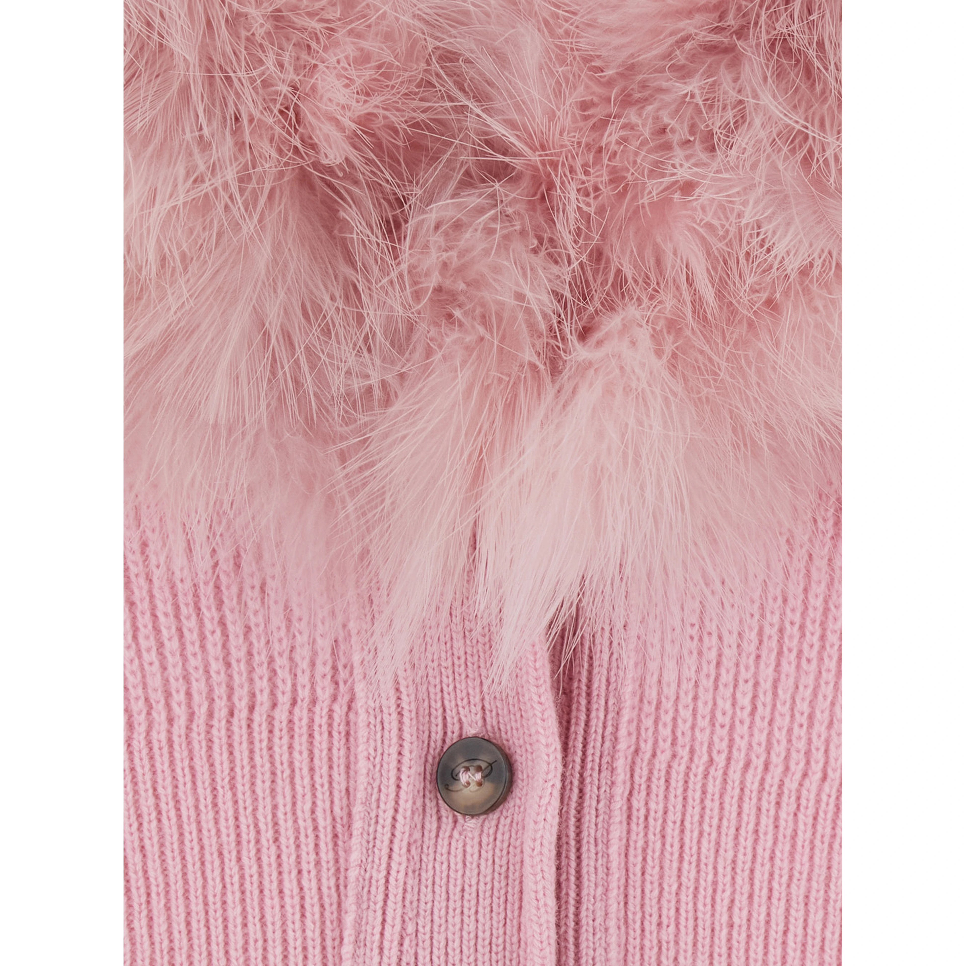 Pink Cardigan with V Neck and Removable Fur Collar in Wool for Women