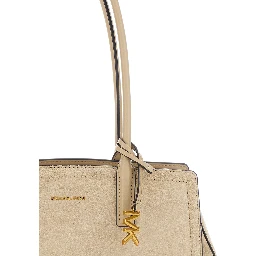 Laila Beige Shoulder Bag with Logo Plate on Front in Suede for Women