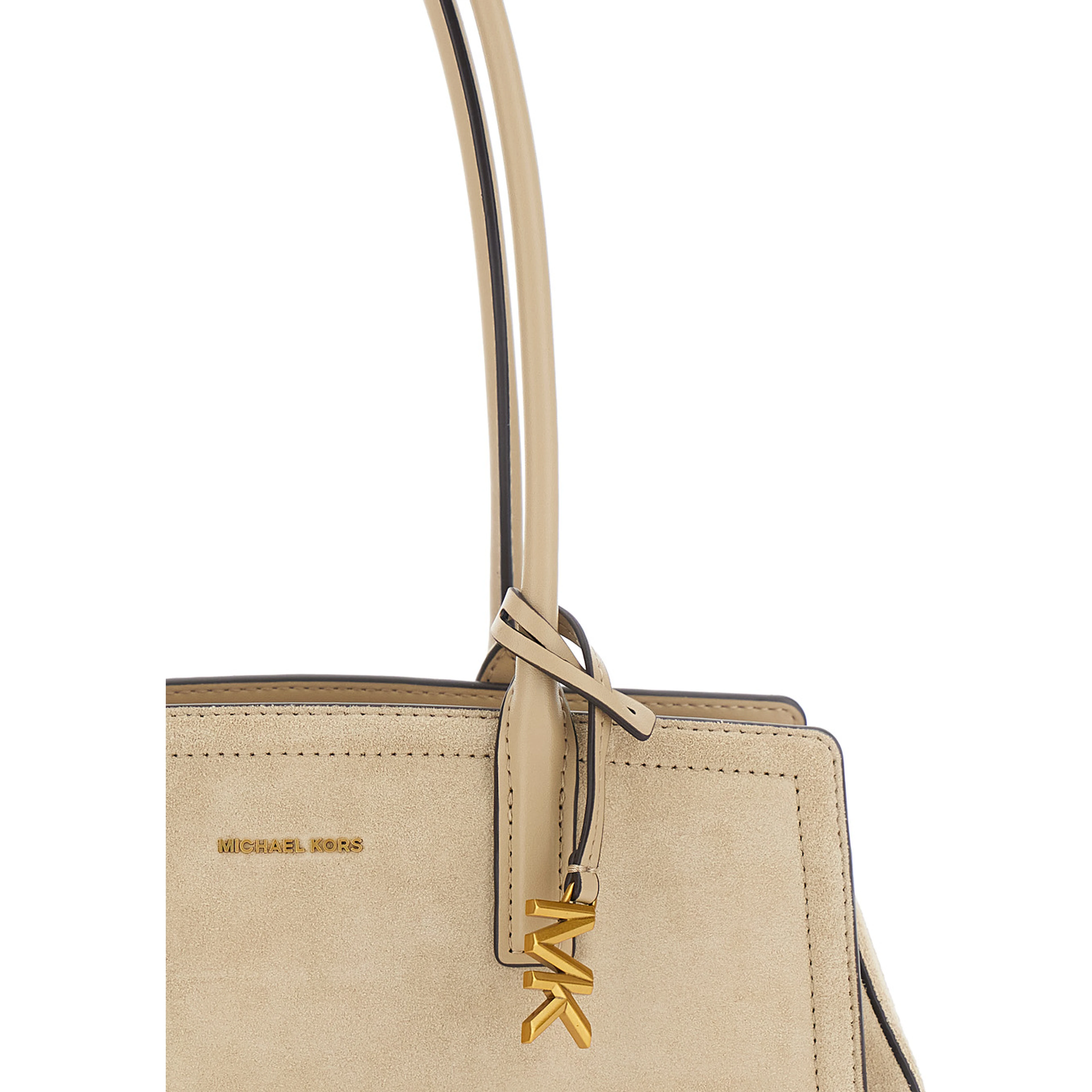 Laila Beige Shoulder Bag with Logo Plate on Front in Suede for Women