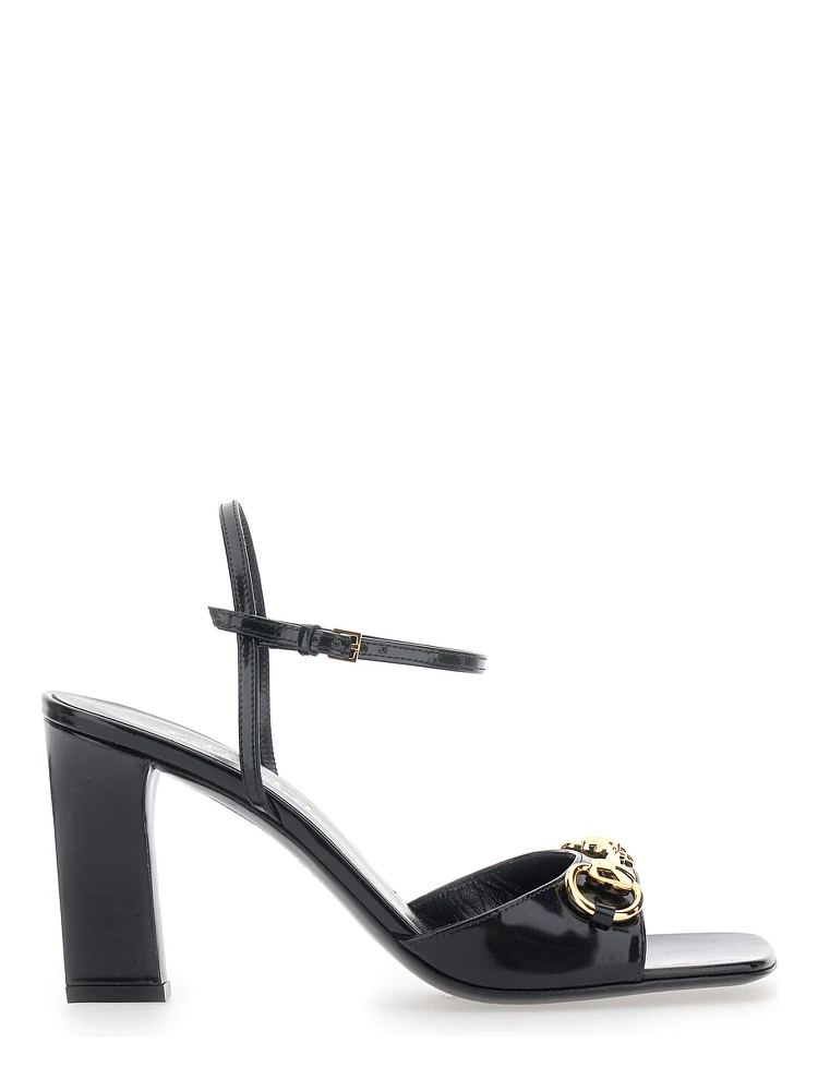 Signora Black sandals with square toe with Horsebit and high heel in leather for women