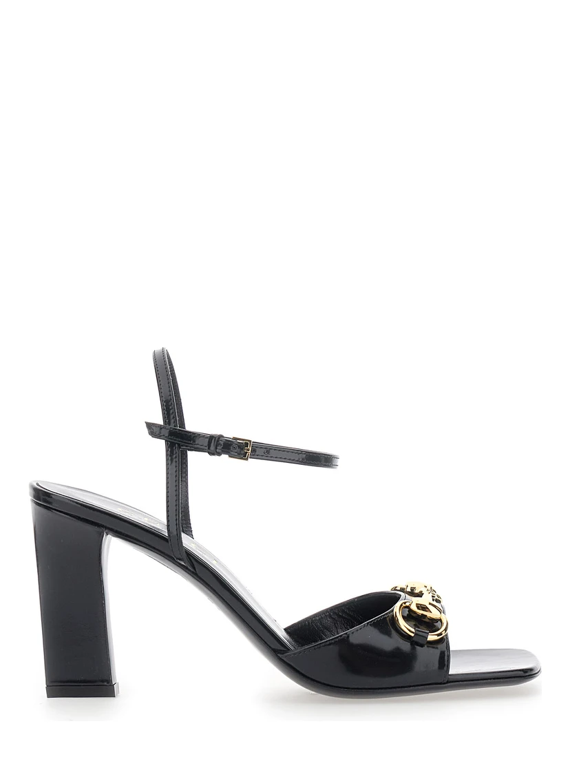 Signora Black sandals with square toe with Horsebit and high heel in leather for women