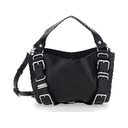 D-One Black Shoulder bag with logo on the front and decorative straps with buckles in leather for women