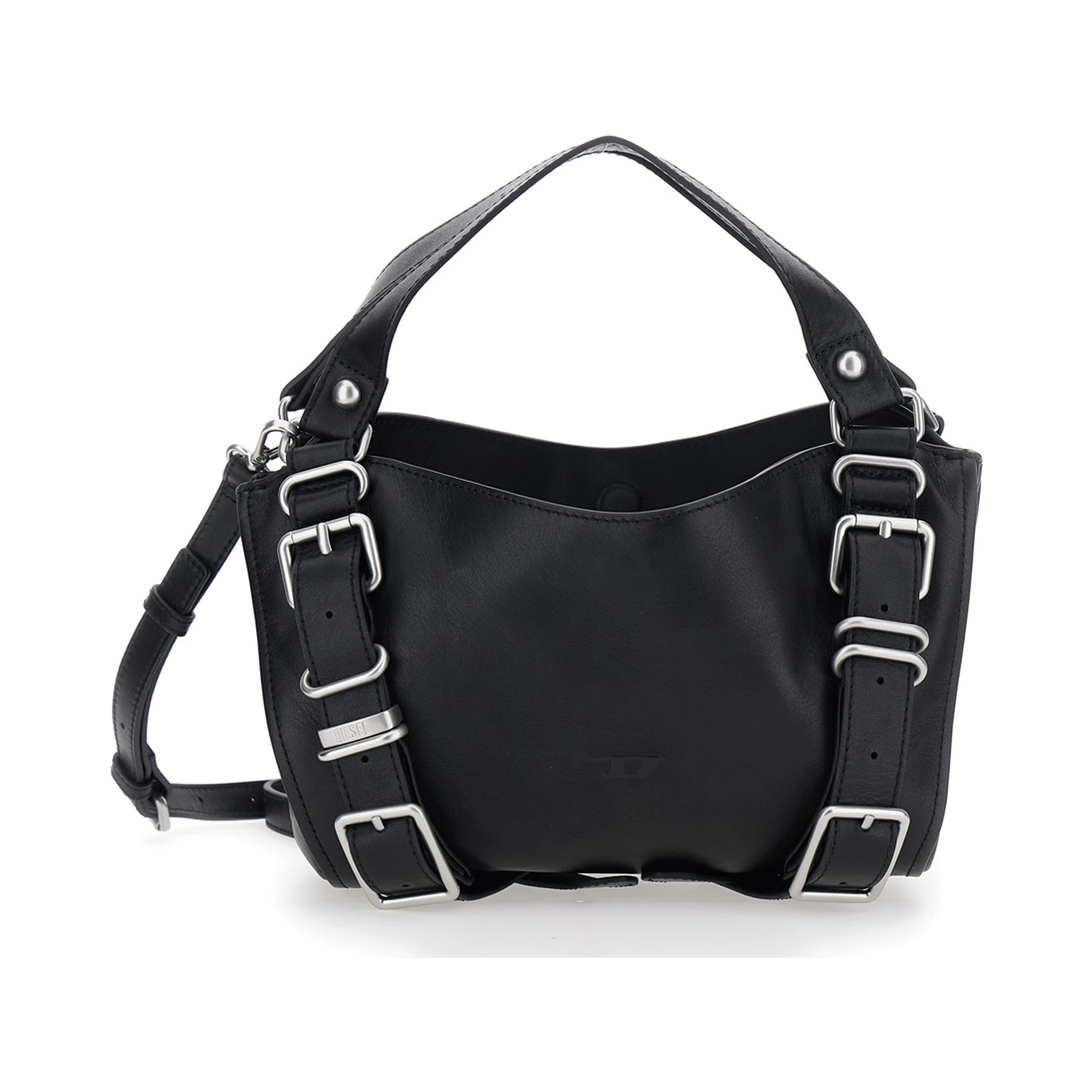 D-One Black Shoulder bag with logo on the front and decorative straps with buckles in leather for women