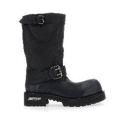 Venom Black Boots with adjustable buckle straps and logo plate on the side in leather for men