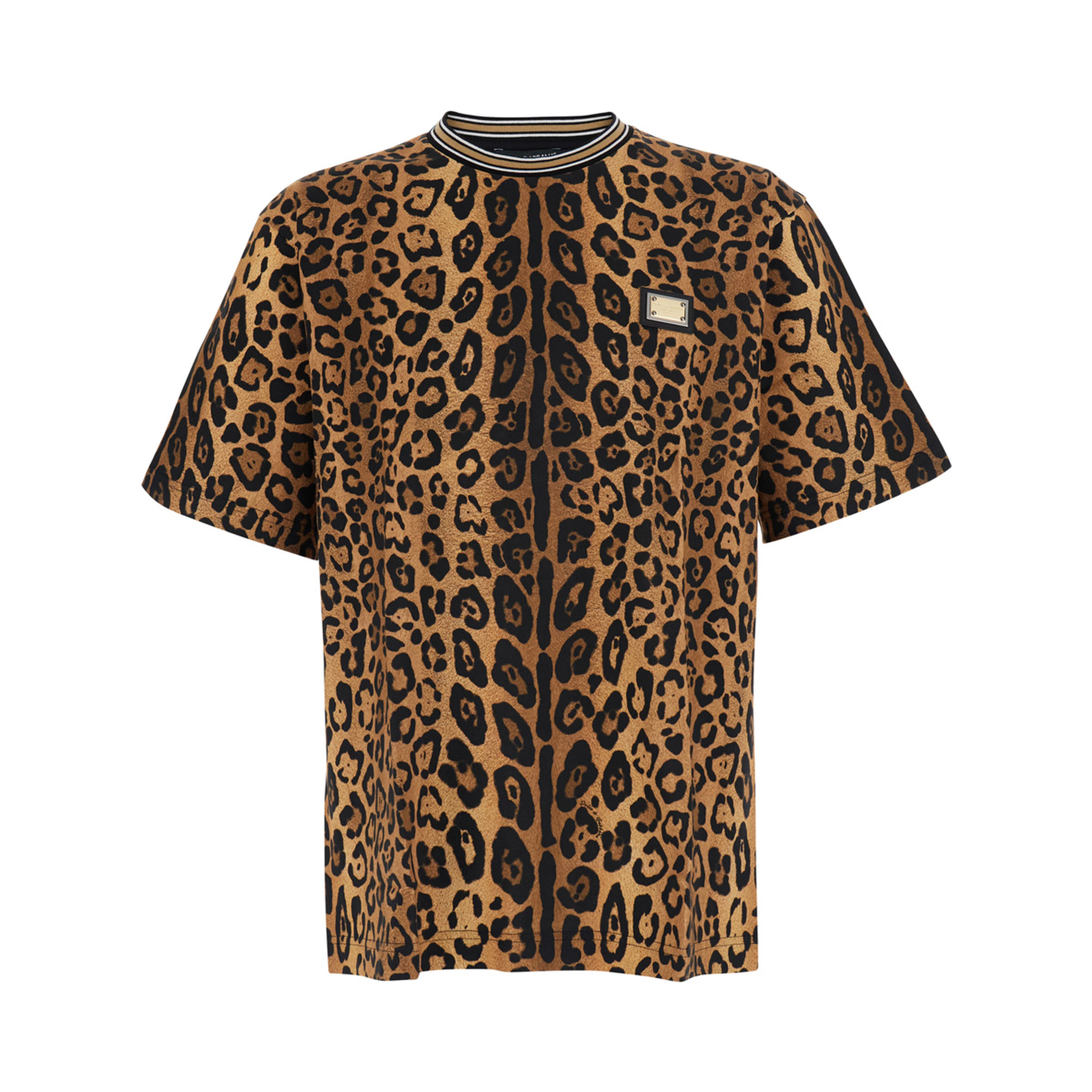 brown T-shirt with all-over animalier print in fabric for men