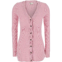 Pink Cardigan with V Neck and Removable Fur Collar in Wool for Women