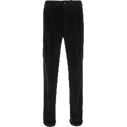 Dark Brown Chino Pants with Front Pleats and Logo Patch on the Back in Velvet for Men