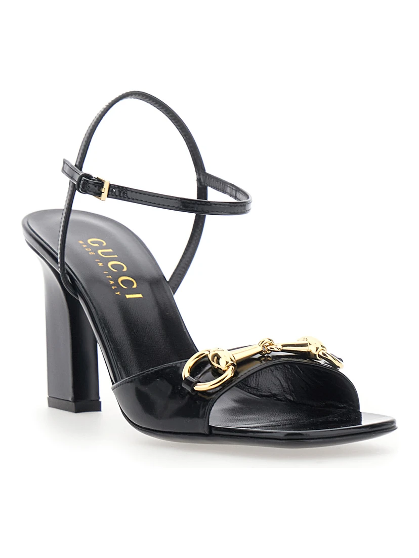 Signora Black sandals with square toe with Horsebit and high heel in leather for women