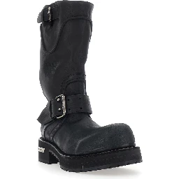 Venom Black Boots with adjustable buckle straps and logo plate on the side in leather for men