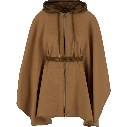 Beige Cape with adjustable belt on the front and logo patch on the sleeve in blend wool for women
