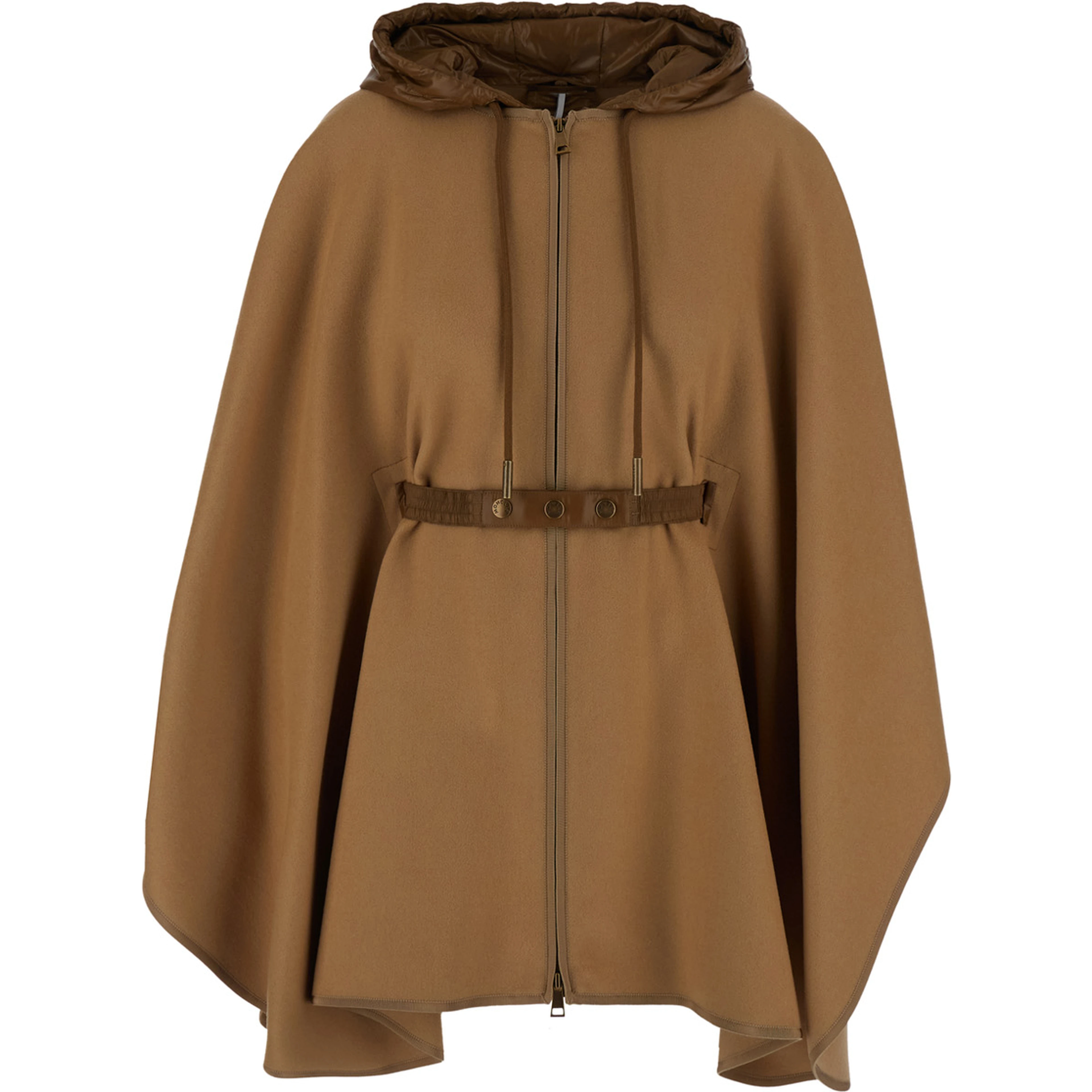 Beige Cape with adjustable belt on the front and logo patch on the sleeve in blend wool for women